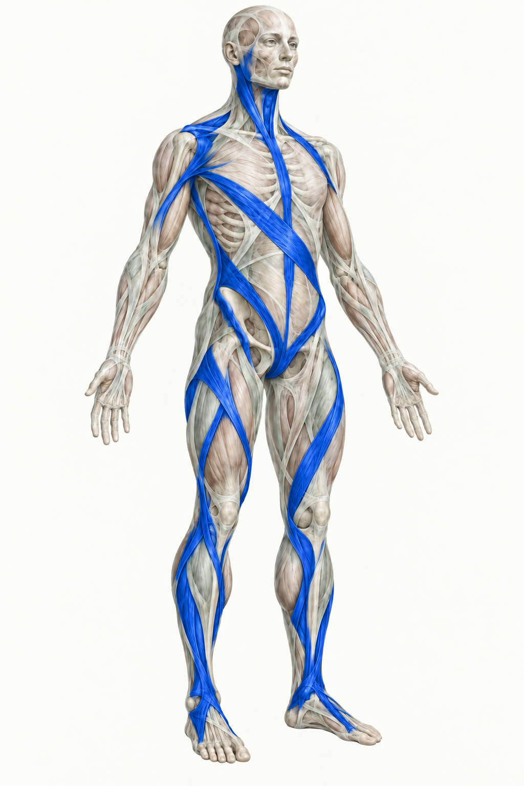 Conceptual whole-body fascial model with long front, side, and crossing connective-tissue paths highlighted in blue.