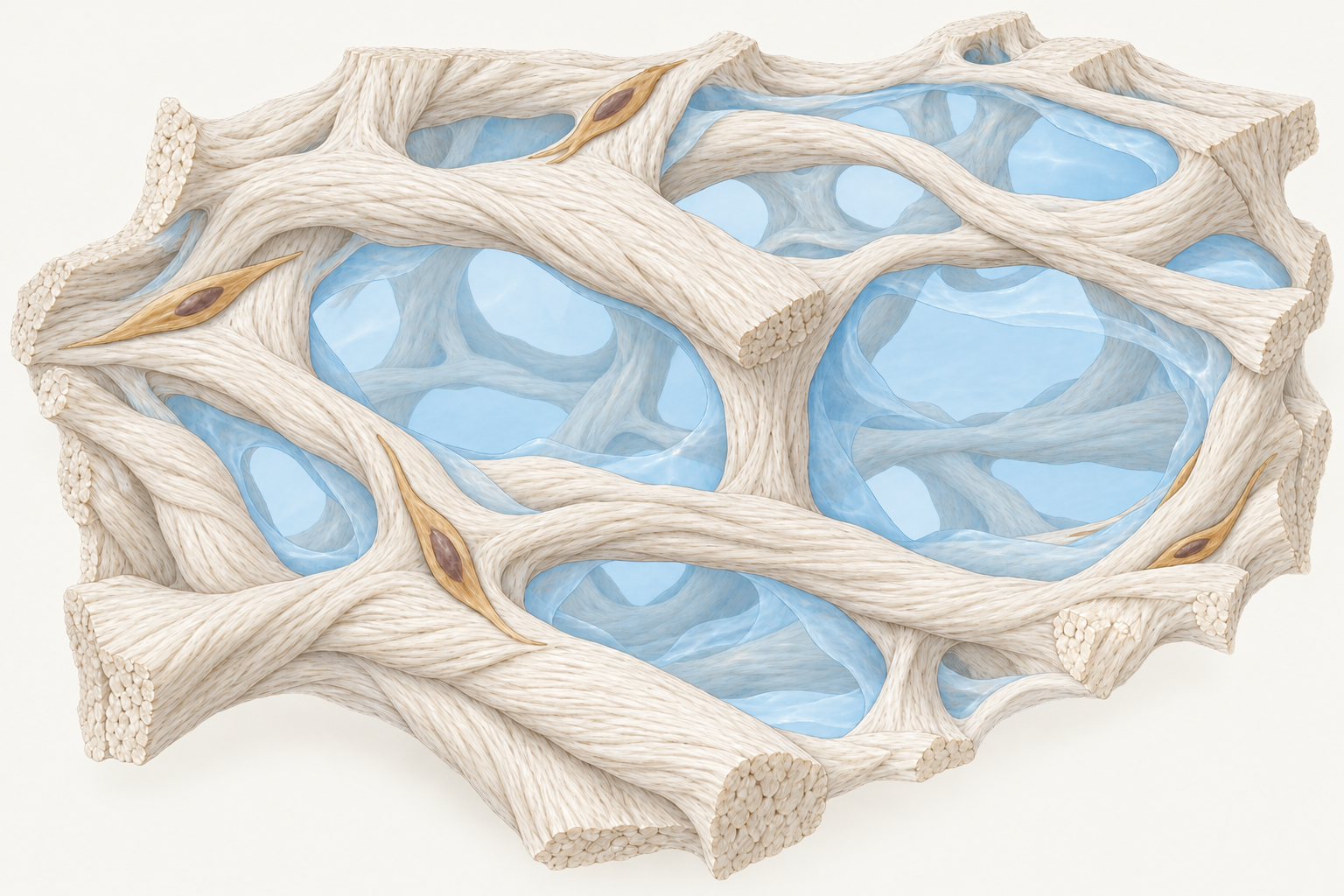 Conceptual cutaway showing interconnected fluid-filled spaces within a collagen-rich matrix, with elongated cells along the fibers.